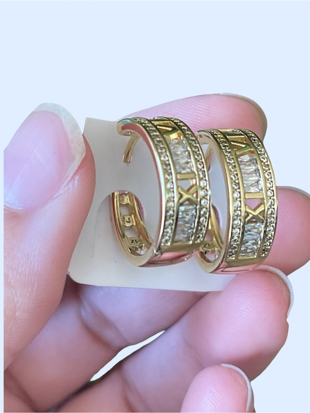 Gold Tone Roman Numeral Crystal Hoop Earrings